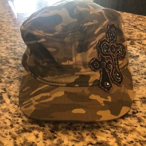 Camo hat with two cross patches. One Size